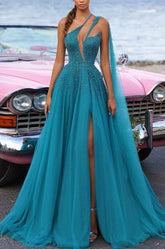 Heavy Tulle One Shoulder Prom Dress Green Sequins With Trail High Slit