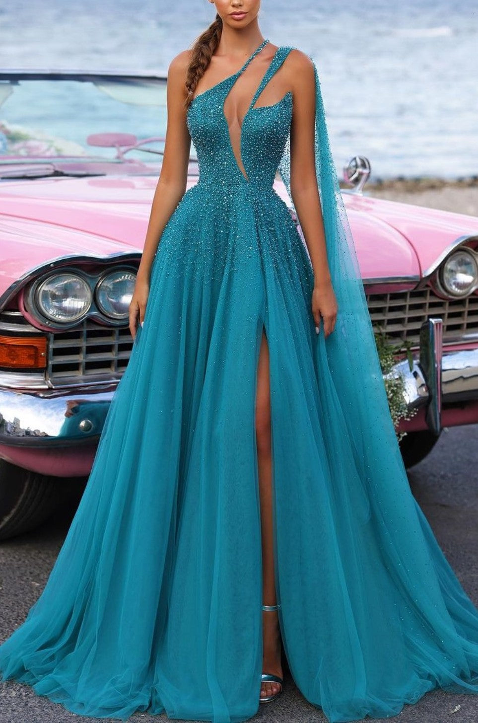 Heavy Tulle One Shoulder Prom Dress Green Sequins With Trail High Slit