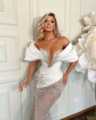 Heavy White Off the Shoulder Long Prom Dress Sleeveless Tulle