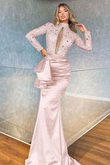 High Collar Long Sleeves Mermaid Pleated Sequins Prom Dress With Beadings