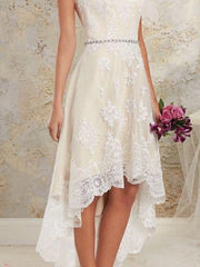 High Low A-Line Asymmetrical Lace Tulle Sleeveless Wedding Dresses-27Dress