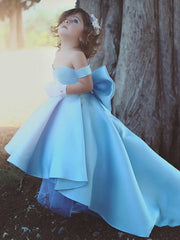 High Low Ball Gown Satin Off The Shoulder Wedding Flower Girl Dresses with Sleeves-27dress