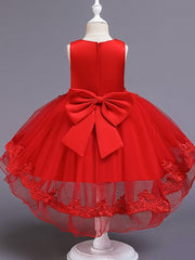 High Low Ball Gown Tulle Jewel Neck Wedding Party Flower Girl Dresses-27dress