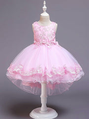 High Low Ball Gown Tulle Jewel Neck Wedding Party Flower Girl Dresses-27dress