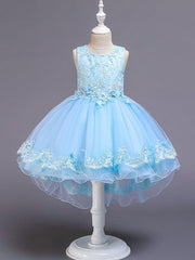 High Low Ball Gown Tulle Jewel Neck Wedding Party Flower Girl Dresses-27dress