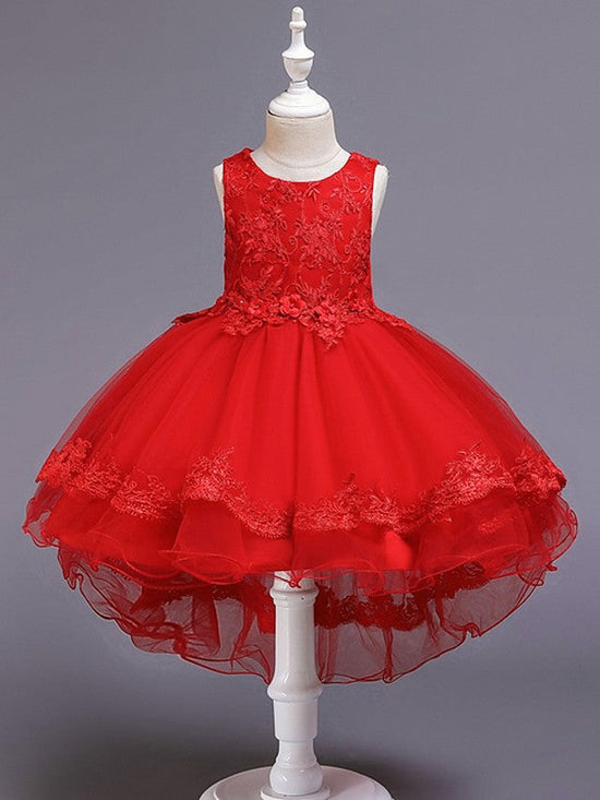 High Low Ball Gown Tulle Jewel Neck Wedding Party Flower Girl Dresses-27dress