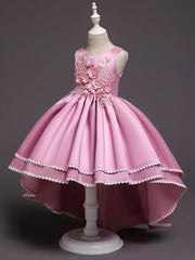 High Low Princess Satin Tulle Jewel Neck Wedding Party Pageant Flower Girl Dresses-27dress