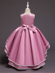 High Low Princess Satin Tulle Jewel Neck Wedding Party Pageant Flower Girl Dresses-27dress