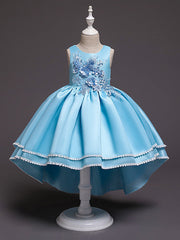 High Low Princess Satin Tulle Jewel Neck Wedding Party Pageant Flower Girl Dresses-27dress