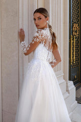 High Neck A-line Wedding Dress with Lace Applique-27dress
