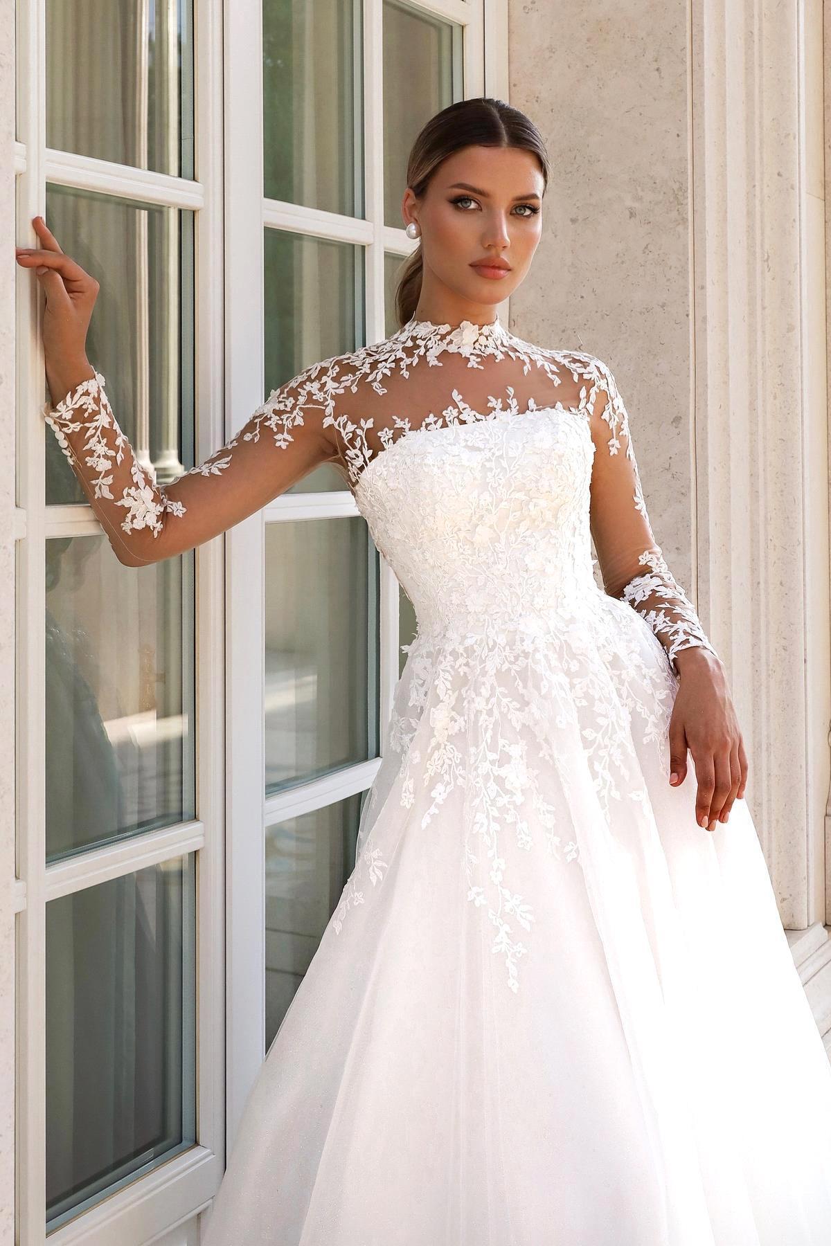 High Neck A-line Wedding Dress with Lace Applique-27dress