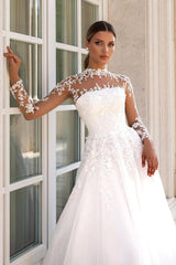 High Neck A-line Wedding Dress with Lace Applique-27dress