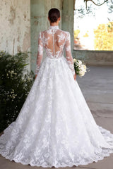 High Neck Long Sleeves A-line Wedding Dress with Lace Applique-27dress