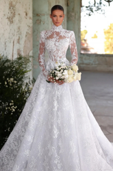 High Neck Long Sleeves A-line Wedding Dress with Lace Applique-27dress