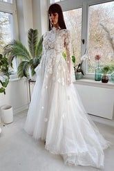 High Neck Long Sleeves Wedding Dress Princess With Appliques-27dress