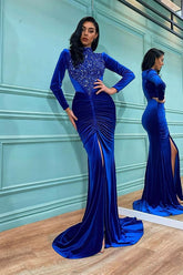 High Neck Mermaid Long Sleeves Royal Blue Split Prom Dress With Beadings