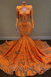 High Neck Mermaid Orange Long Sleeves Prom Dress Sequins Lace With Appliques