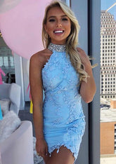 High-Neck Sleeveless Satin Short Homecoming Dress With Beading Lace Appliqu¡§|s - 27Dress