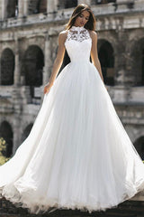High Neck Sleeveless Tulle Wedding Dress Princess Lace Bridal Gowns-27dress