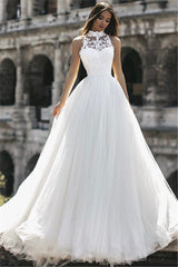 High Neck Sleeveless Tulle Wedding Dress Princess Lace Bridal Gowns-27dress
