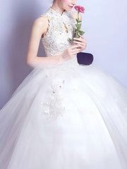 High Neck Tulle Ball Gown Wedding Dress with Beading