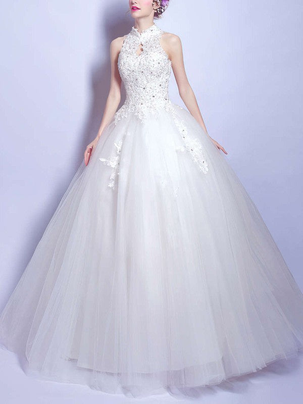 High Neck Tulle Ball Gown Wedding Dress with Beading