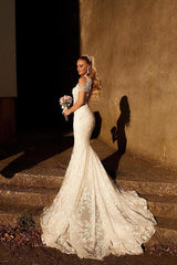 High Neck White Mermaid Wedding Dress With Lace Appliques-27dress