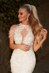 High Neck White Mermaid Wedding Dress With Lace Appliques-27dress
