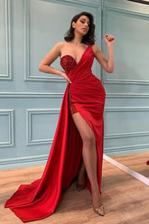 High Split One Shoulder Sleeveless Pleated Long Red Prom Dress With Sequins