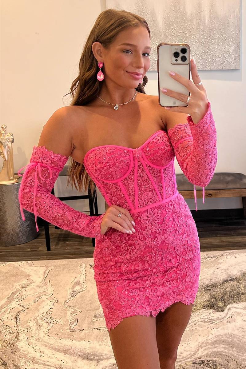 Hot Pink Lace Corset Short Homecoming Dress with Detachable Sleeves 27dress Hot Pink Lace Corset Short Homecoming Dress with Detachable Sleeves 27dress