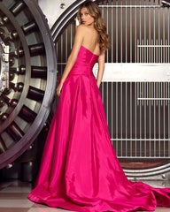Hot Pink Strapless Sleeveless Pleated Split Prom Dress With Bowknot