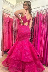 Hunter Green V-Neck Lace Applique Layered Mermaid Dress