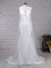 Illusion Chiffon Sweep Train Wedding Dresses with Appliques Lace for Trumpet/Mermaid