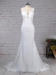Illusion Chiffon Sweep Train Wedding Dresses with Appliques Lace for Trumpet/Mermaid
