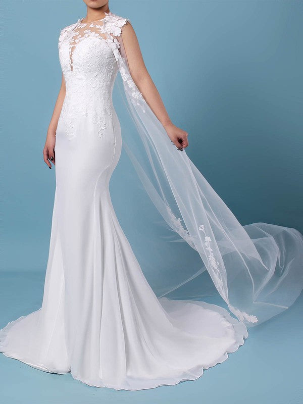 Illusion Chiffon Sweep Train Wedding Dresses with Appliques Lace for Trumpet/Mermaid