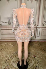 Illusion High Neck Long Sleeves Lace Homecoming Dress with Pearl-27dress
