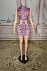 Illusion High Neck Sleeveless Mini Homecoming Dress with Diamonds-27dress