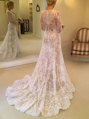 Illusion Lace Ball Gown Wedding Dresses With Court Train and Sashes / Ribbons