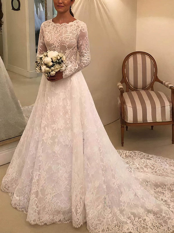 Illusion Lace Court Train Wedding Dress with Bow - Ball Gown