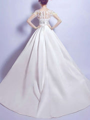 Illusion Satin Court Train Wedding Dress with Appliques Lace