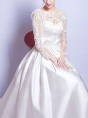 Illusion Satin Court Train Wedding Dress with Appliques Lace