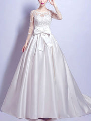 Illusion Satin Court Train Wedding Dress with Appliques Lace