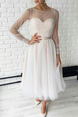 Illusion Tulle Ankle-length Long Sleeve Wedding Dress with Ribbons-27dress