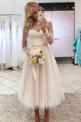 Illusion Tulle Ankle-length Long Sleeve Wedding Dress with Ribbons-27dress