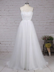 Illusion Tulle Ball Gown Wedding Dress with Appliques and Lace Sweep Train