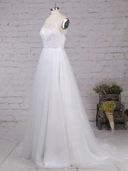 Illusion Tulle Ball Gown Wedding Dress with Appliques and Lace Sweep Train