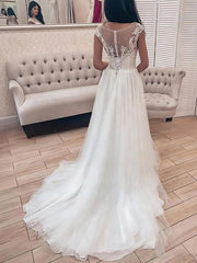 Illusion Tulle Ball Gown Wedding Dress with Appliques Lace and Sweep Train