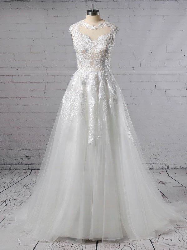 Illusion Tulle Ball Gown Wedding Dresses With Appliques Lace Sweep Train