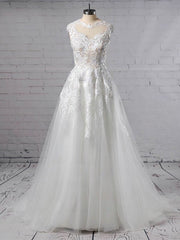 Illusion Tulle Ball Gown Wedding Dresses With Appliques Lace Sweep Train