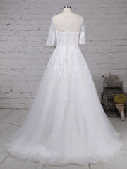 Illusion Tulle Ball Gown Wedding Dresses with Beading and Sweep Train